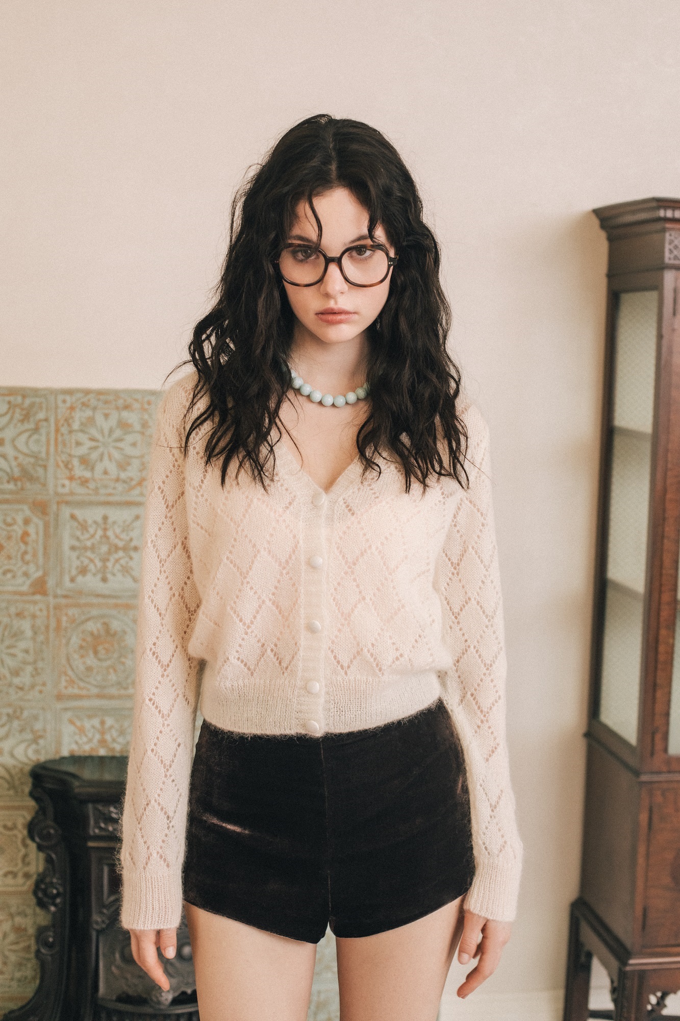 Кардиган из кид-мохера с узором в виде ромбов